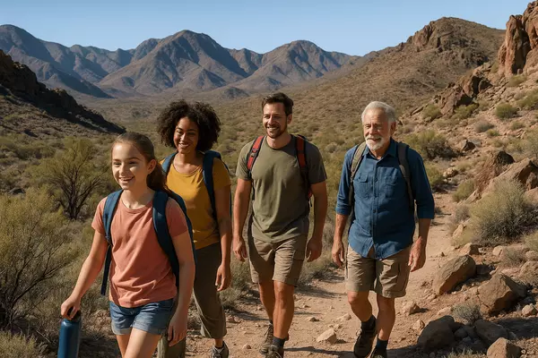 Families hiking in Sloan Canyon National Conservation Area near Anthem Highlands enjoying mountain recreation with scenic Black Mountain backdrop