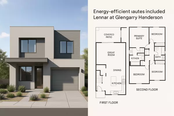 Lennar home in Glengarry featuring energy-efficient two-story design with covered patio, modern family layout, and quality construction in Henderson Nevada