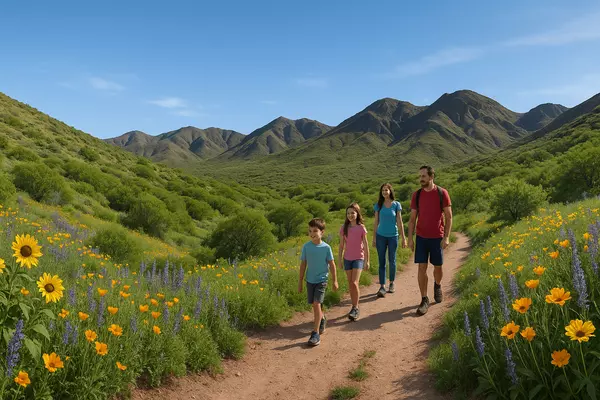 Anthem Highlands wildflower-filled trail in Black Mountains foothills with panoramic mountain vistas showcasing natural beauty and family outdoor recreation