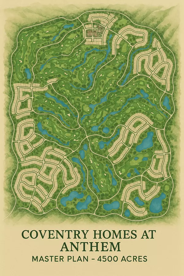 Coventry Homes at Anthem master plan integration within 4,500 acres featuring golf courses, shopping at The District, hiking trails, and comprehensive master-planned amenities in Henderson Nevada