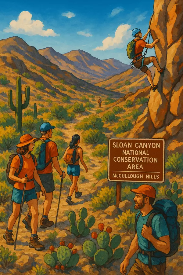 McCullough Hills Henderson outdoor adventure featuring Sloan Canyon National Conservation Area, desert recreation, mountain lifestyle, and family outdoor activities