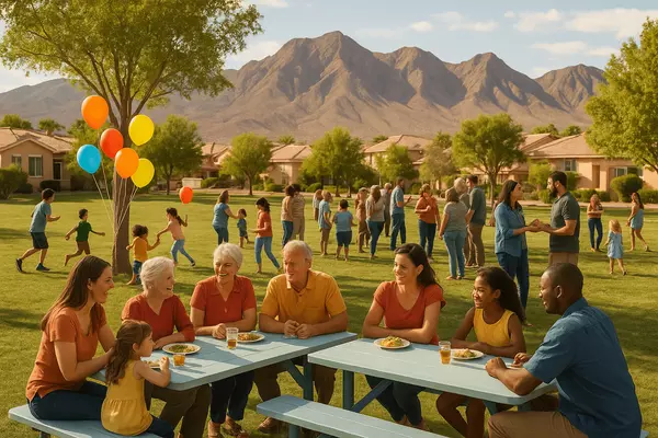 McCullough Hills Henderson family gathering featuring community events, established neighborhood relationships, mountain lifestyle focus, and outdoor recreation culture in Nevada