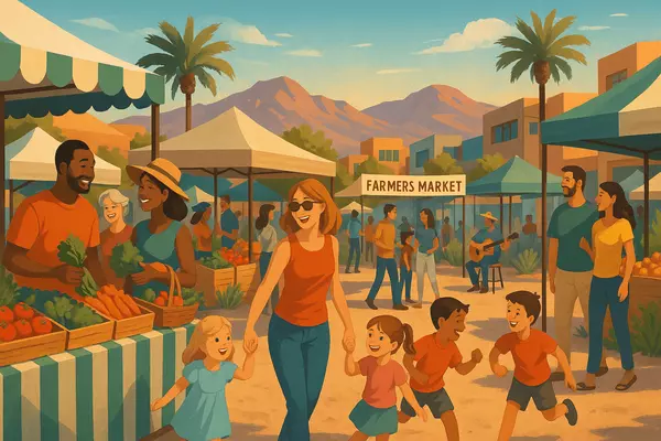 Inspirada Henderson family community culture featuring events, farmers market, social activities, neighbor connections, and dynamic modern lifestyle programming in Nevada