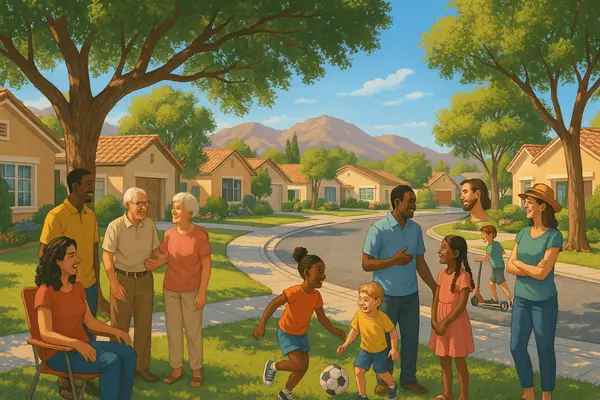 Foothills Henderson established neighborhood gathering featuring community relationships, friendly neighbors, diverse families, and mature community culture in Henderson Nevada