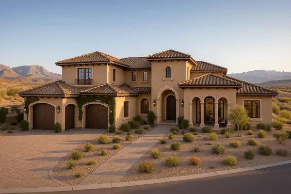 Bella Fiore homes ranging 2,300-4,400 square feet featuring Mediterranean stucco exteriors, tile roofs, luxury finishes, and sweeping Lake Las Vegas desert views