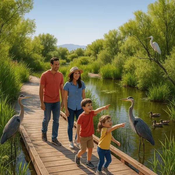 Henderson Bird Preserve featuring families with children exploring 140-acre wetland sanctuary with nature trails, wildlife viewing areas, and educational programs