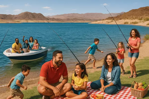 Lake Mead National Recreation Area with Henderson families enjoying boating, fishing, swimming, and water sports at America's largest reservoir