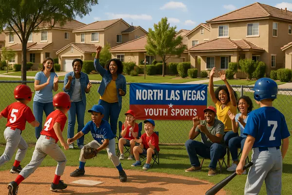 North Las Vegas youth sports leagues and community recreation showing children playing little league baseball with family spectators and volunteer coaches in affordable family setting