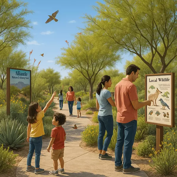 Aliante Nature Discovery Park in North Las Vegas featuring families with children exploring educational nature trails, desert wildlife habitat, and interactive learning experiences