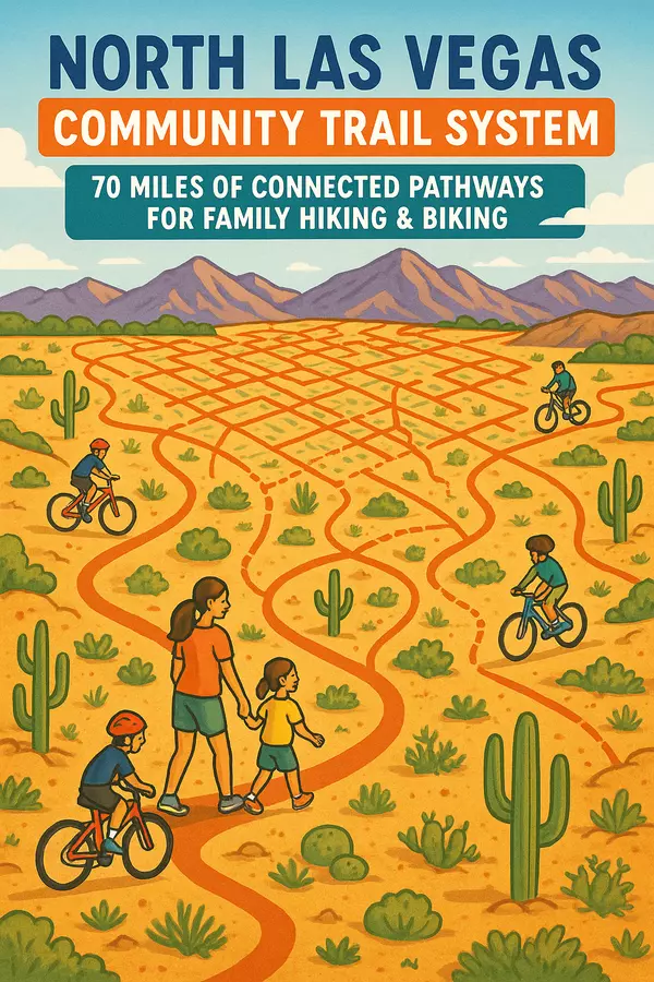 North Las Vegas community trail system showing families hiking and biking on 70+ miles of connected desert pathways with mountain views and free neighborhood access for all residents