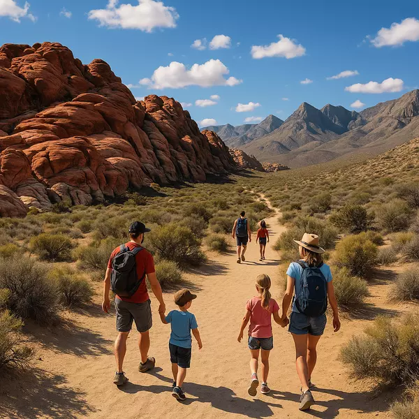 Red Rock Canyon hiking trails accessible from Summerlin showing families enjoying world-class outdoor recreation with desert mountain scenery
