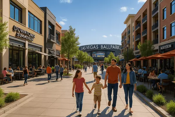 Downtown Summerlin walkable urban core featuring shopping, dining, Las Vegas Ballpark, and entertainment venues with mountain backdrop