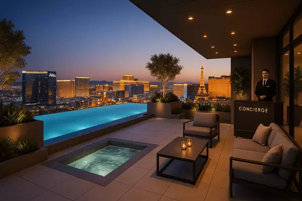 Las Vegas Strip high-rise luxury amenities featuring rooftop pools, spa facilities, concierge services, and resort-style living exclusive to condo residents