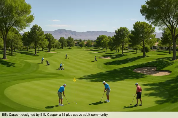 Sun City Summerlin active adult golfers enjoying championship golf courses designed by Billy Casper showing Highland Falls, Eagle Crest, and Palm Valley with 55+ community golf lifestyle