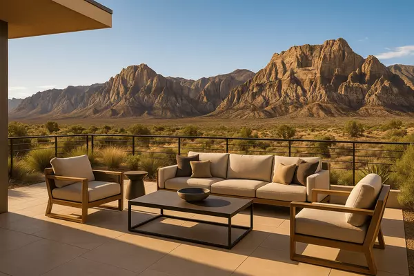 The Ridges luxury outdoor terrace overlooking Red Rock Canyon showing natural beauty and outdoor lifestyle exclusive to highest elevation living