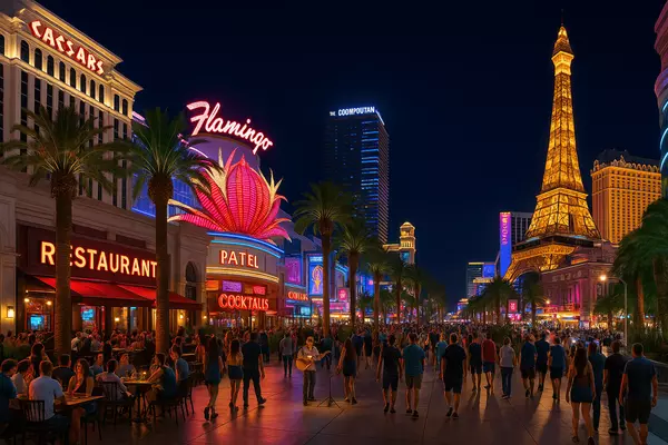 Las Vegas Strip entertainment and dining showing walkable access to world-class restaurants, shows, nightlife, and luxury experiences from residential towers