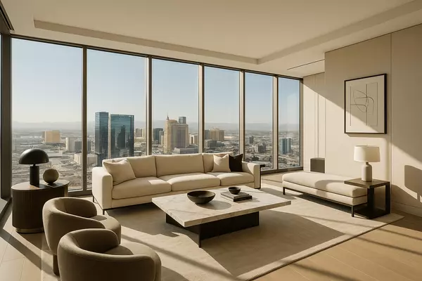 Strip condos luxury interior design featuring floor-to-ceiling windows, modern furnishings, city views, and sophisticated urban living spaces with Strip access
