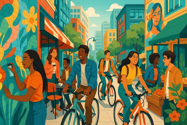 Strip community culture featuring urban professionals, luxury lifestyle residents, and sophisticated city living with entertainment district energy