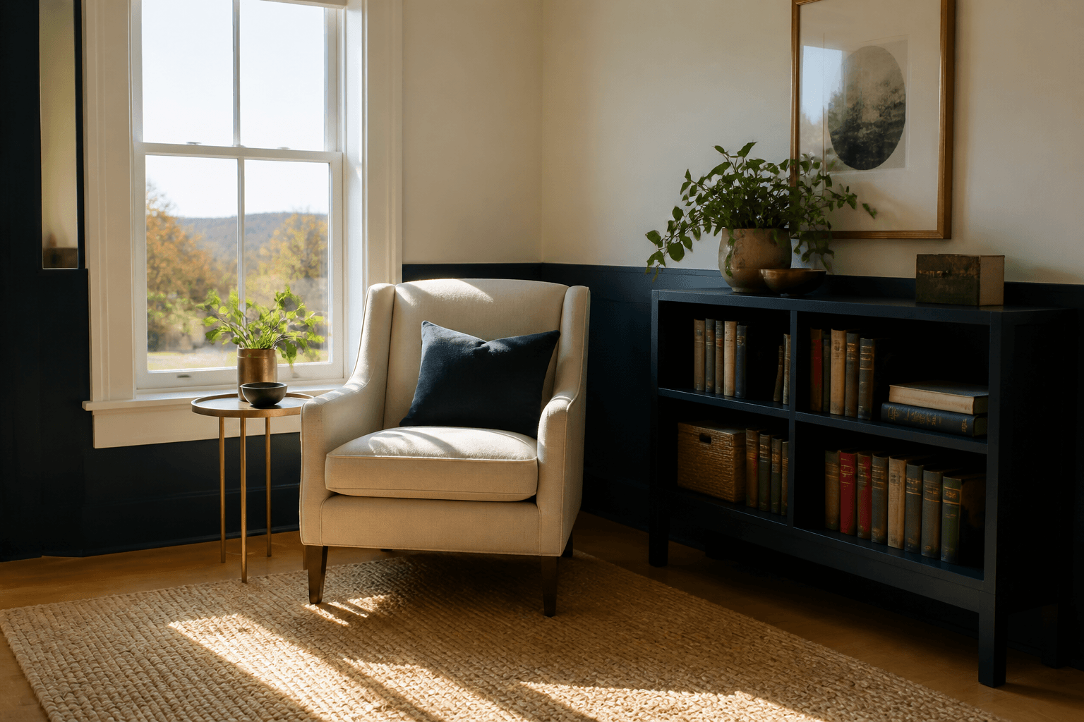 Bright compact living corner with a reading chair by the window