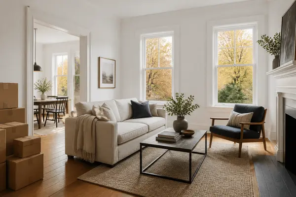 A bright living room in an older home with moving boxes stacked in the corner