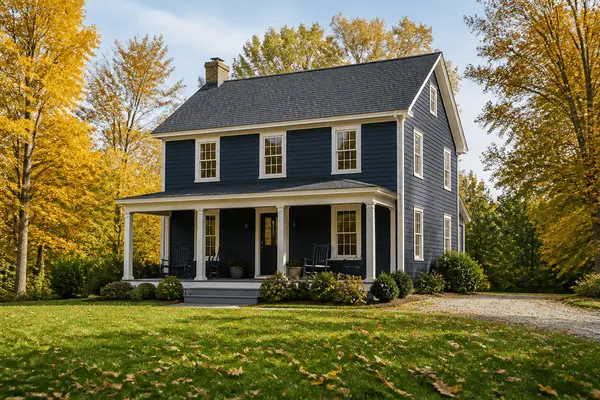 A colonial home with a covered front porch surrounded by autumn trees