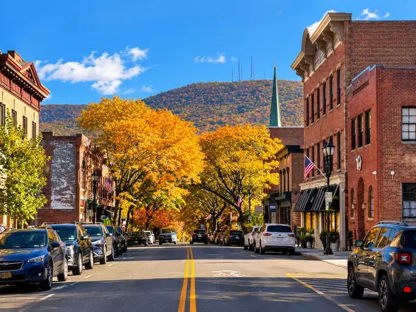 A Hudson Valley main street lined with autumn trees