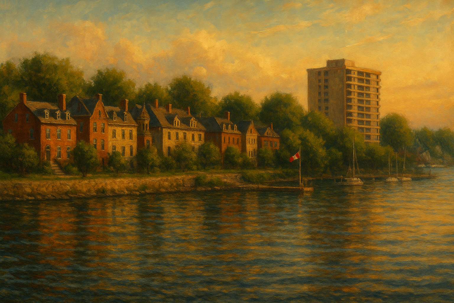 Painting of Brockville Ontario waterfront along the St. Lawrence River at sunset