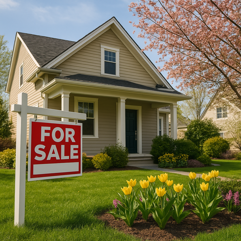 A home for sale with a blooming spring garden in Ontario