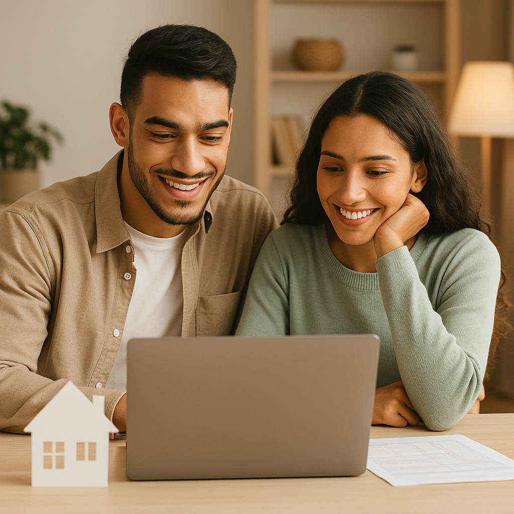Ontario couple reviewing home buying timeline together on a laptop