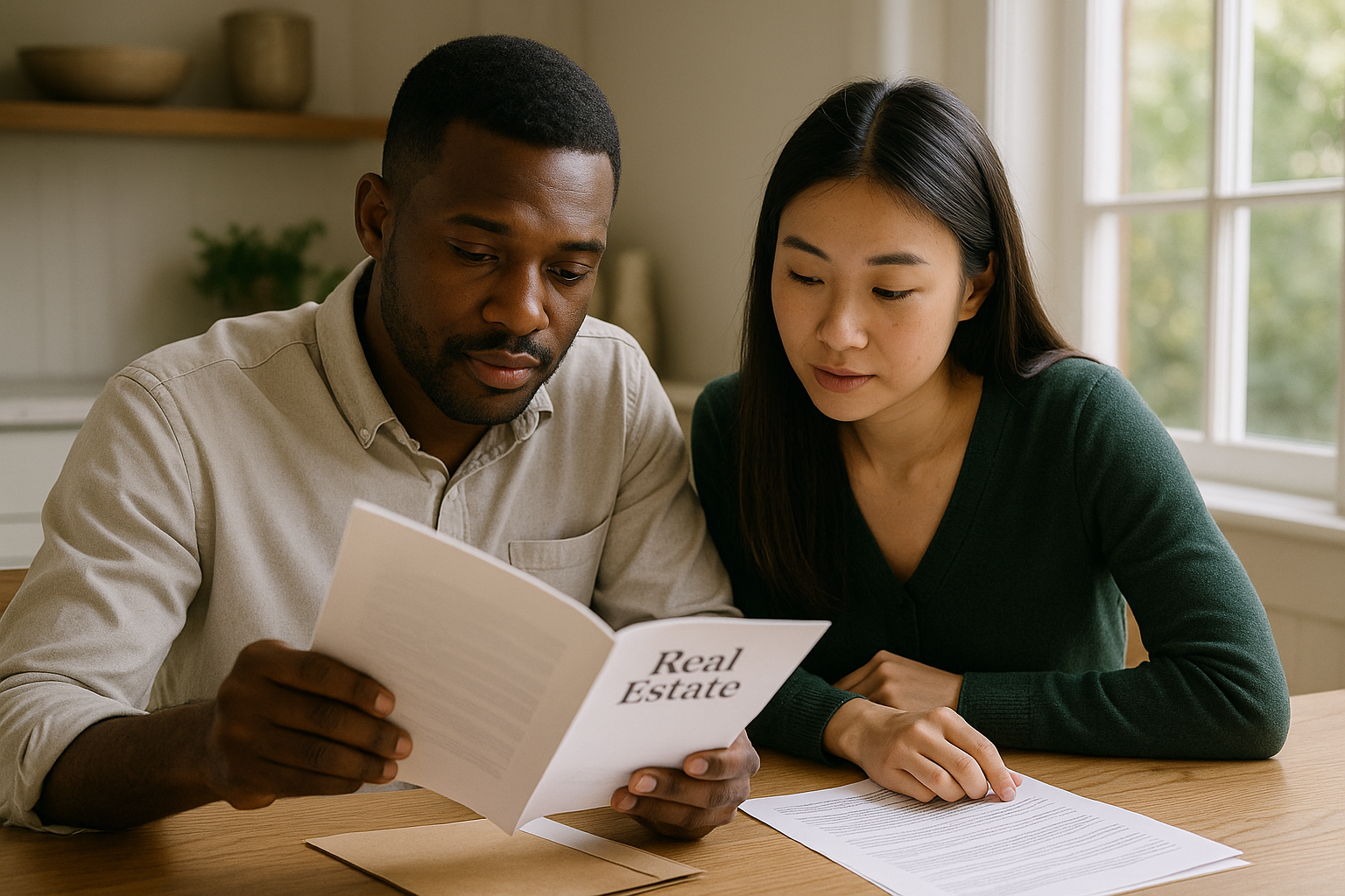 Diverse home buyers in Ontario reviewing real estate rights and documents with natural lighting