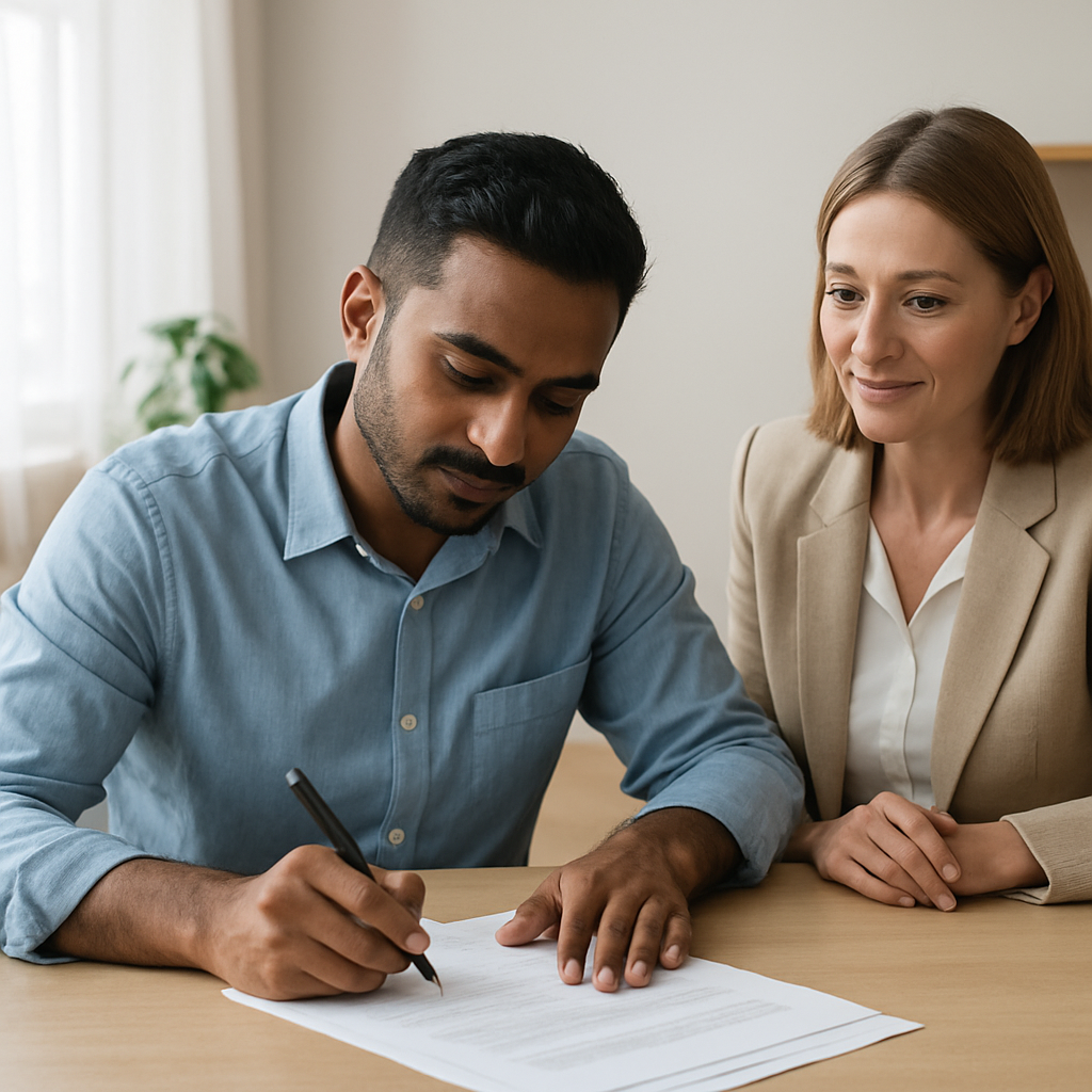 Home buyer in Ontario signing a Buyer Representation Agreement with agent support