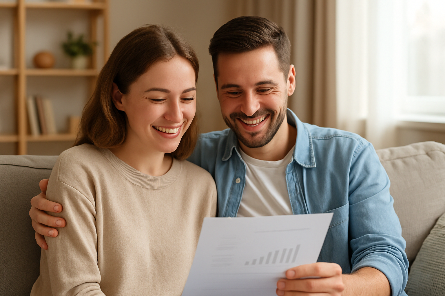 Relaxed first-time homebuyer couple smiling and reviewing home buying information