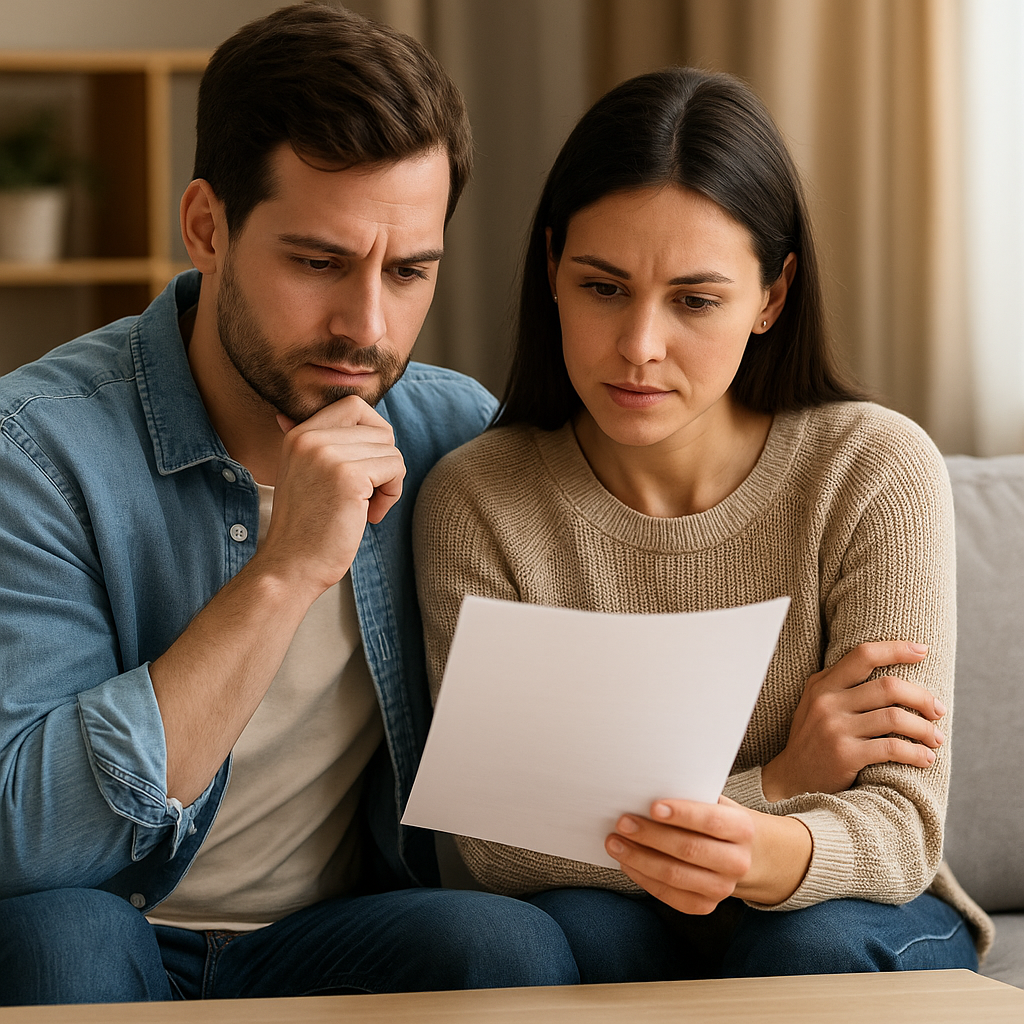 Couple looking thoughtful while reviewing a document related to home buying