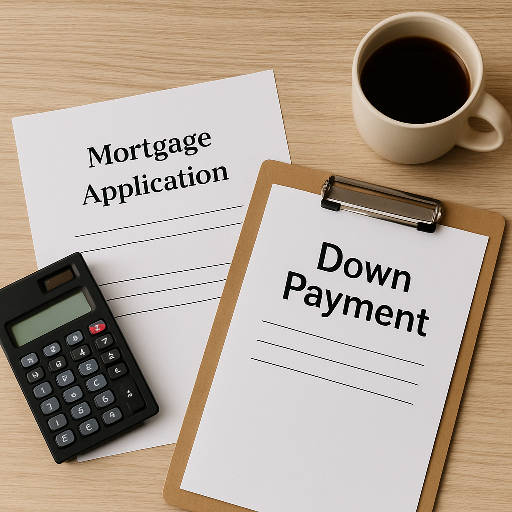 First-time homebuyer paperwork including down payment notes and mortgage pre-approval documents