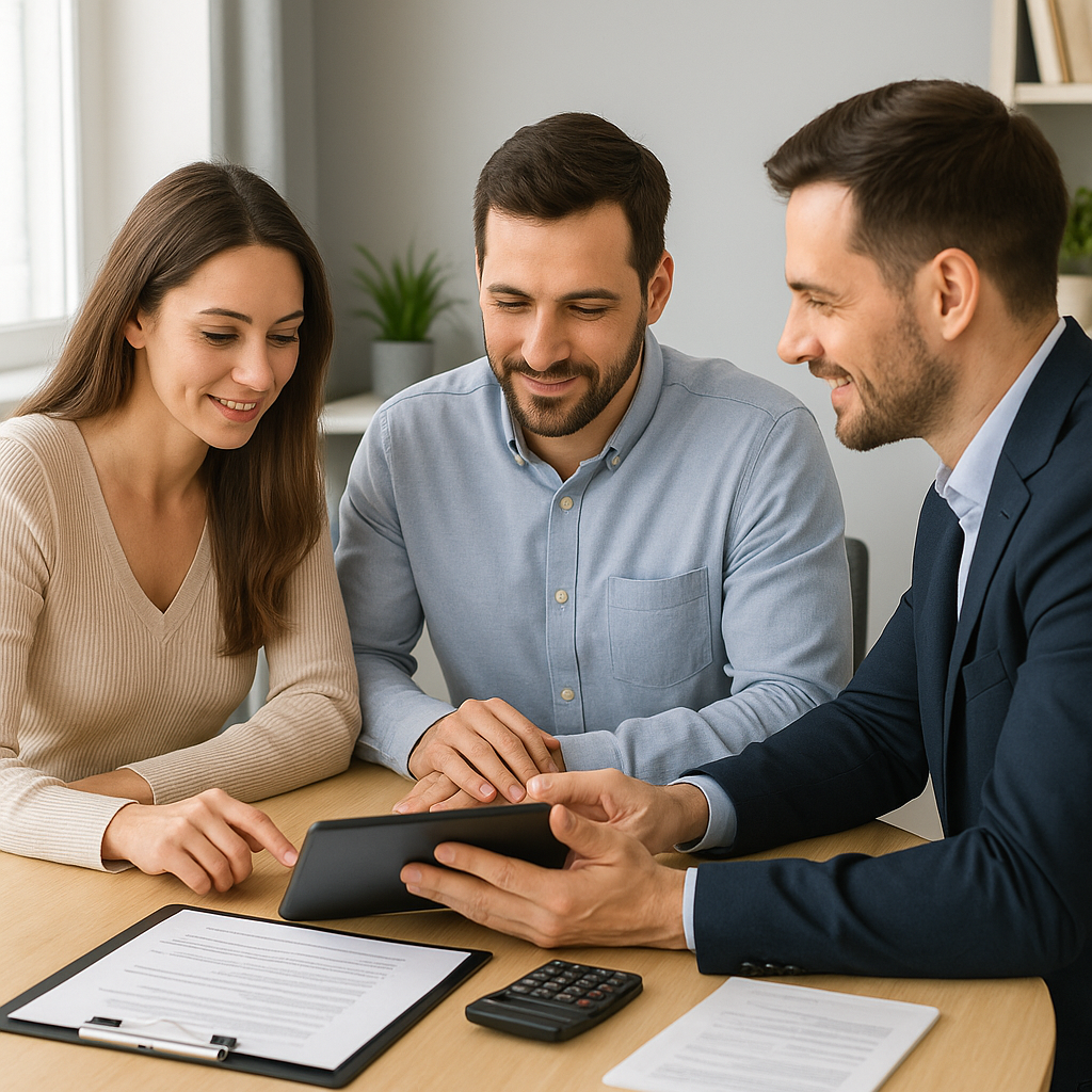 Mortgage advisor helping client review financing options with tablet and documents