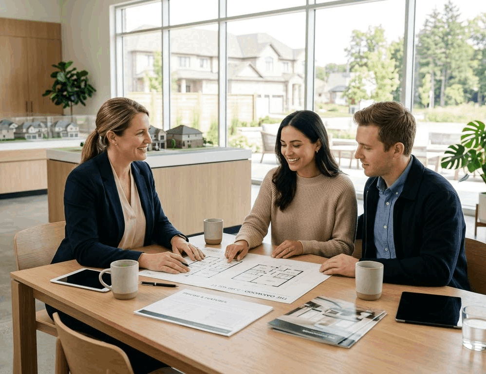 Ontario home buyers reviewing plans for a newly built home with a realtor