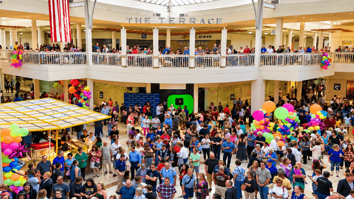 Crowds gather inside Collin Creek Mall in Plano, Texas, during its 2019 farewell celebration before the historic shopping center closed for redevelopment.