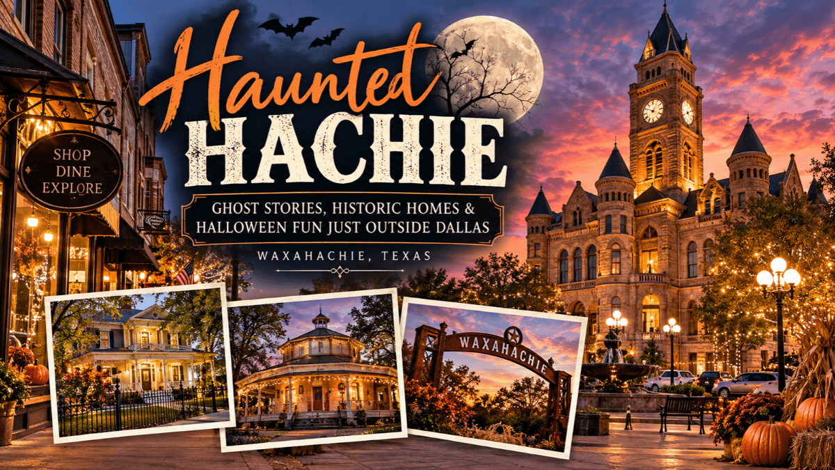 Halloween-themed graphic of historic downtown Waxahachie, Texas, featuring the Ellis County Courthouse, Victorian homes and spooky attractions for a Dallas day trip.