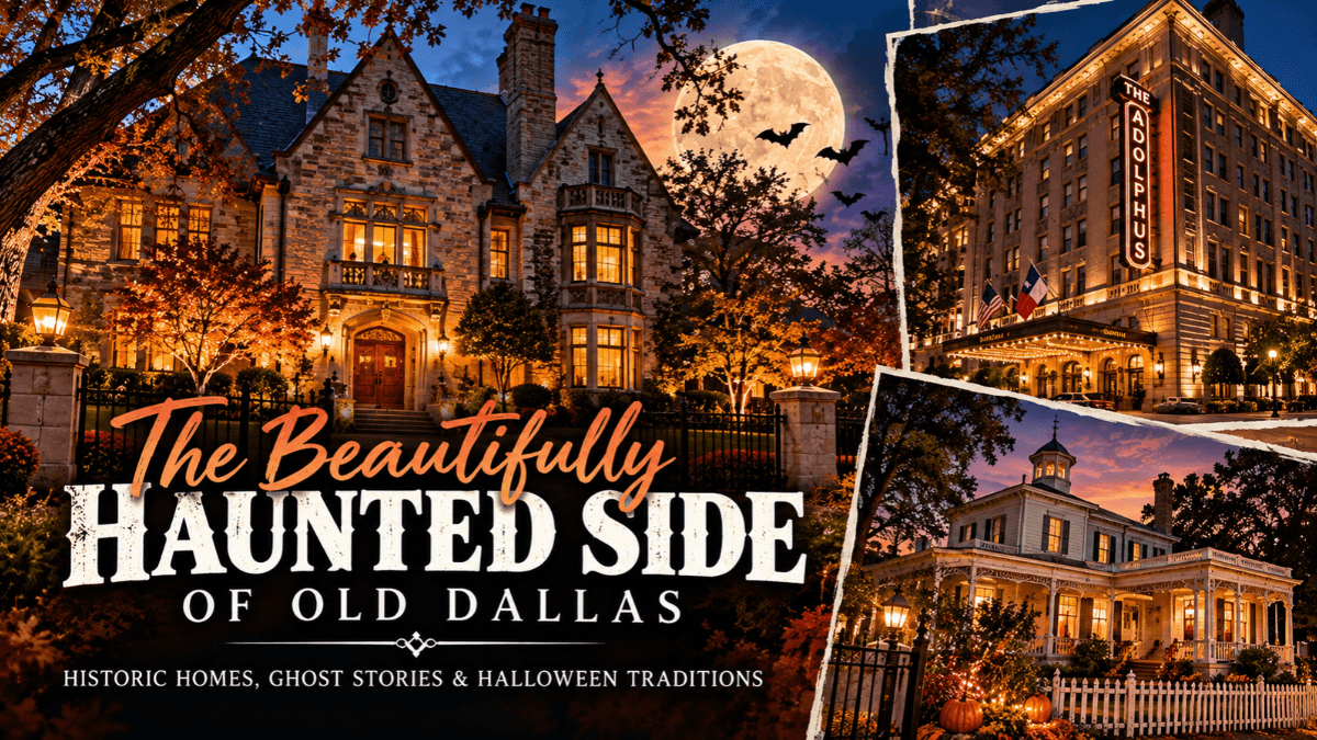 Halloween-inspired collage of historic Dallas featuring a Swiss Avenue mansion, the Adolphus Hotel and a Victorian home, highlighting ghost stories, architecture and local legends.
