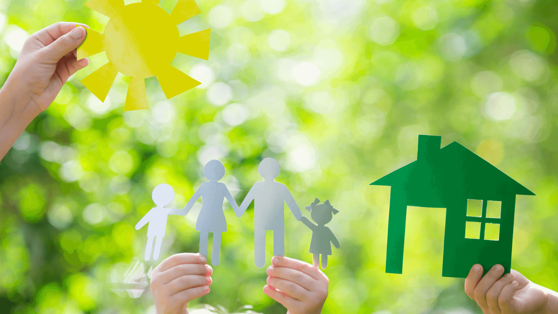 Paper family, house and sun outdoors representing spring home selling