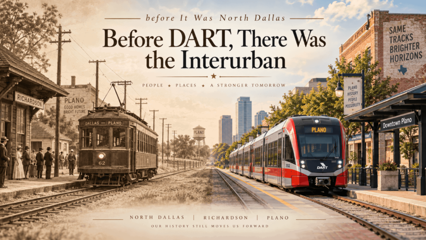 Historic Interurban and modern DART train in Plano, illustrating North Dallas rail history