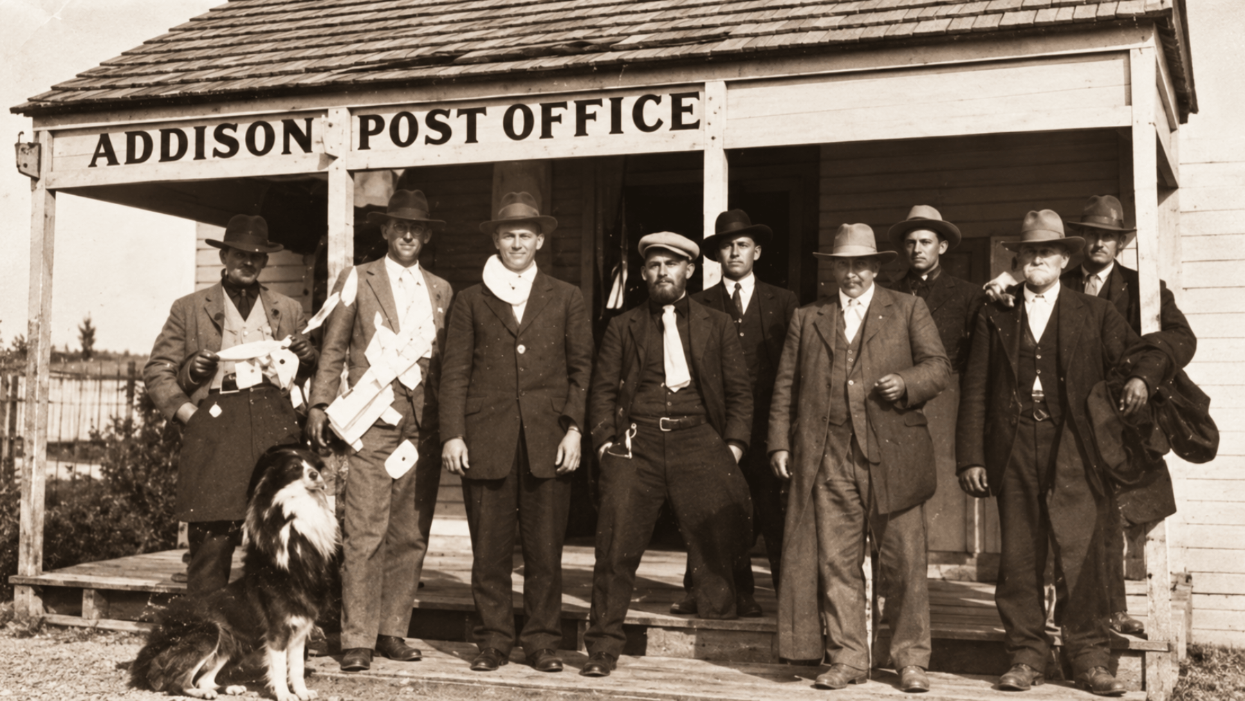 Historic Addison Post Office with early residents, illustrating Noell Junction and the origins of Addison, Texas