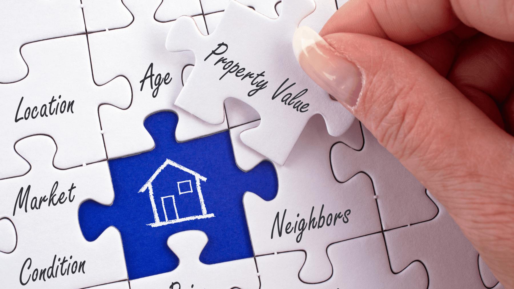 Puzzle pieces showing location, market, condition, price and property value, illustrating why real estate values depend on local factors