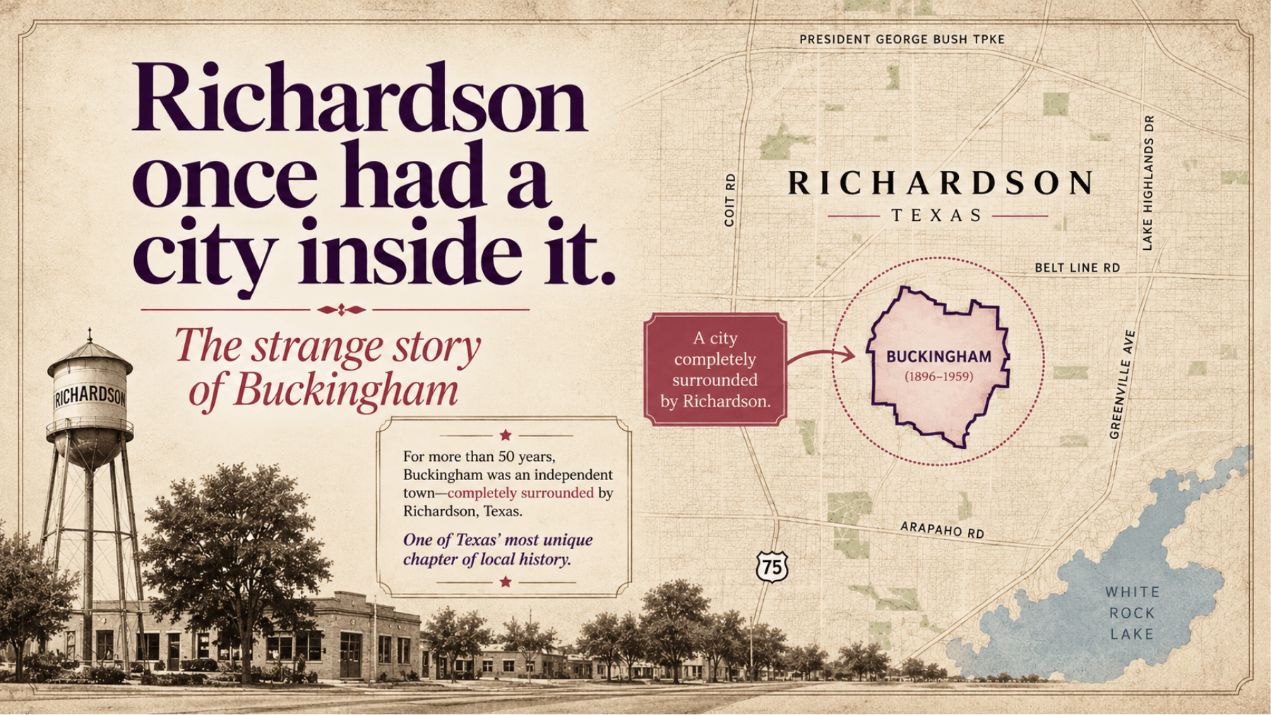 Historic map of Buckingham, the former independent city surrounded by Richardson, Texas, before its 1996 annexation