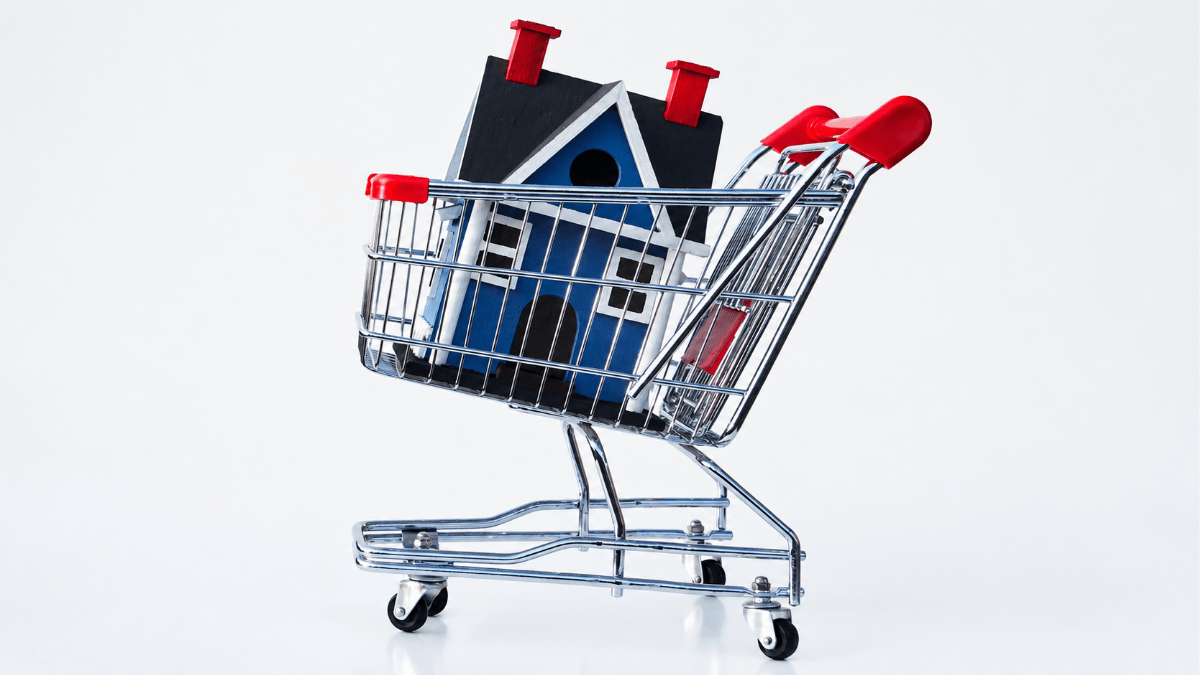 Miniature house in a shopping cart representing a North Texas home buyer deciding what to offer on a house for sale