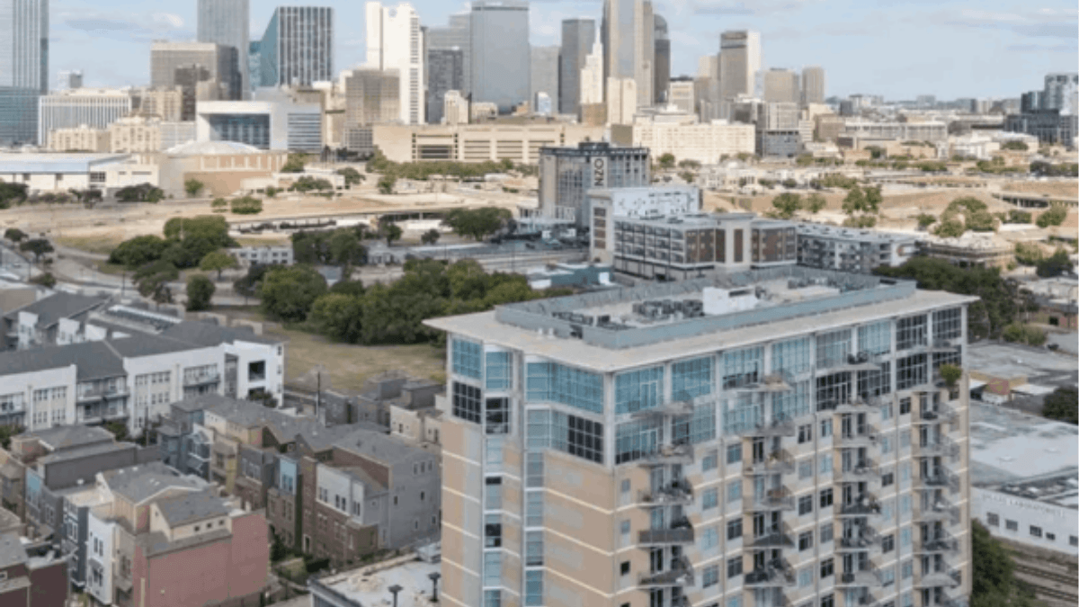 The Cedars neighborhood in Dallas with historic buildings, creative spaces and Downtown Dallas skyline views