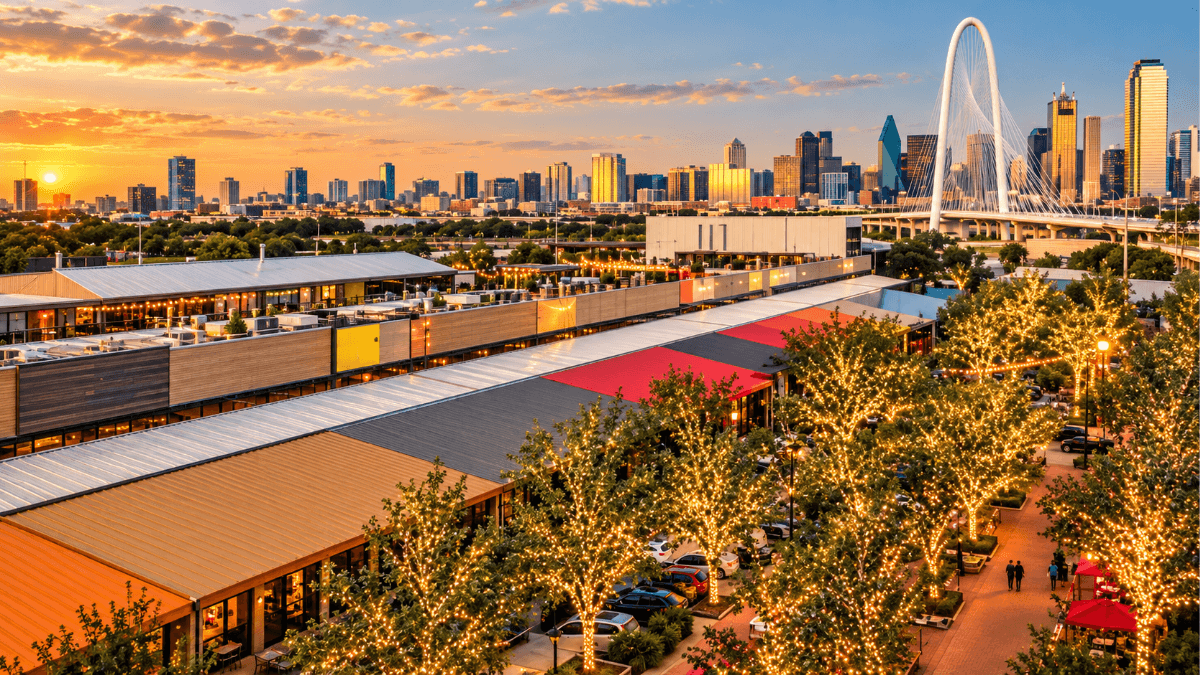 Trinity Groves in West Dallas with the Margaret Hunt Hill Bridge and Downtown Dallas skyline near Harold Simmons Park