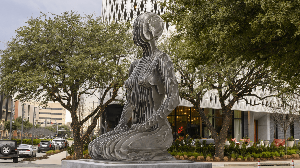 Outdoor sculpture in the Dallas Design District near modern architecture, galleries and creative businesses