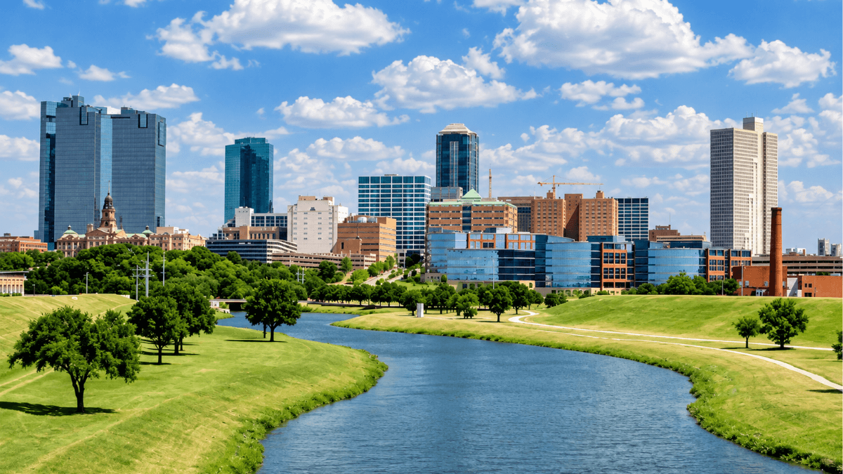 Dallas skyline and Trinity River green space near West Dallas and the future Harold Simmons Park