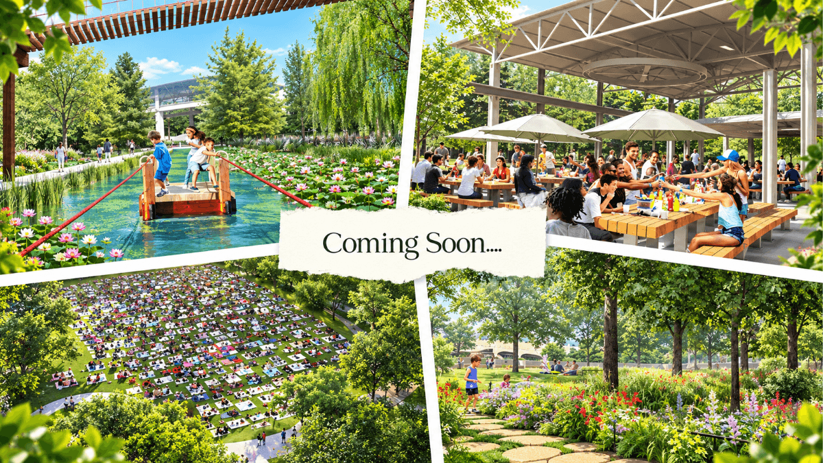 Harold Simmons Park in Dallas showing planned gardens, gathering spaces and recreation areas along the Trinity River.